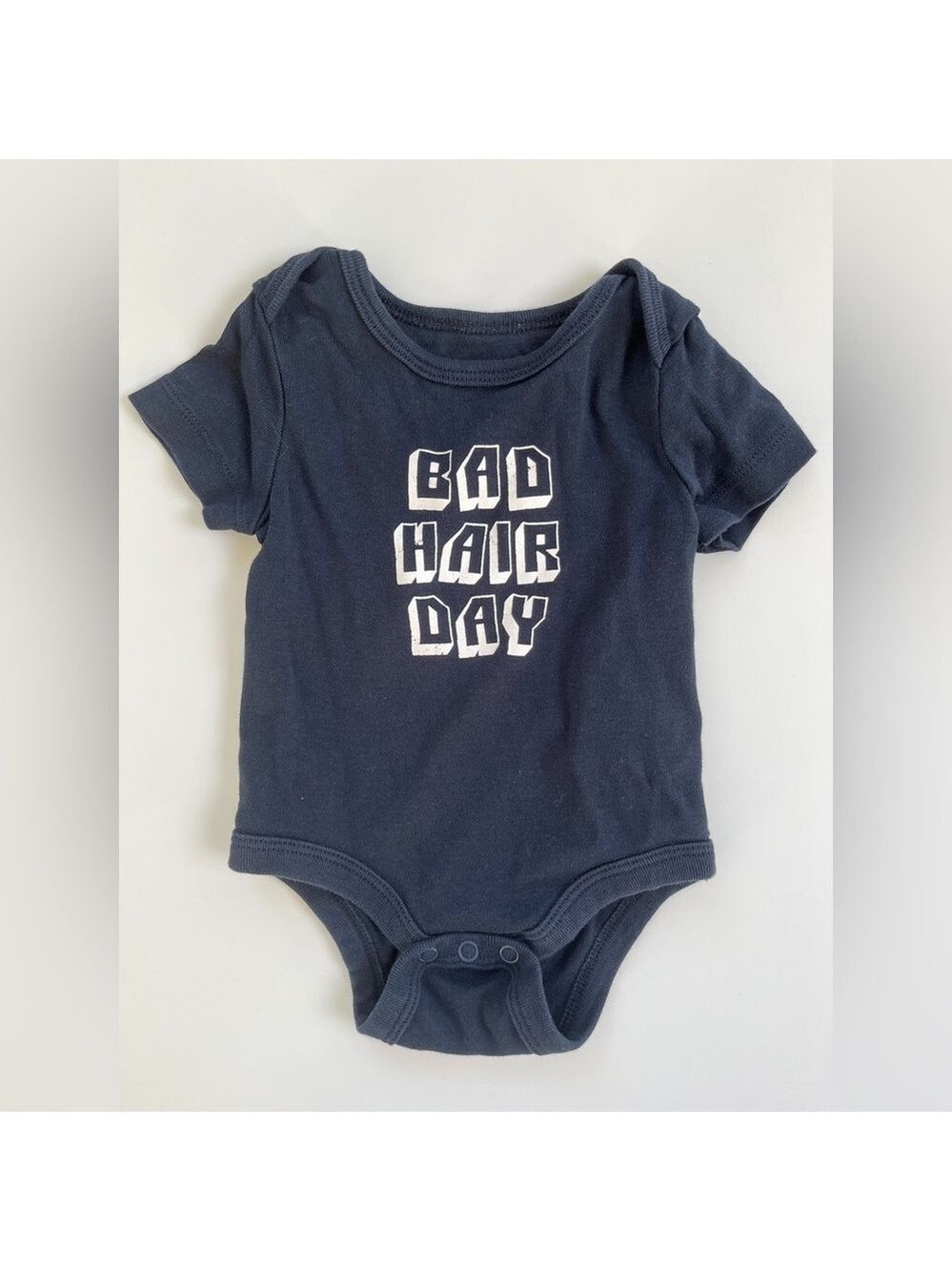 🩵 4/$20 Joe Fresh Navy Blue Bodysuit Onesie Classic Bad Hair Day‎ Lettering